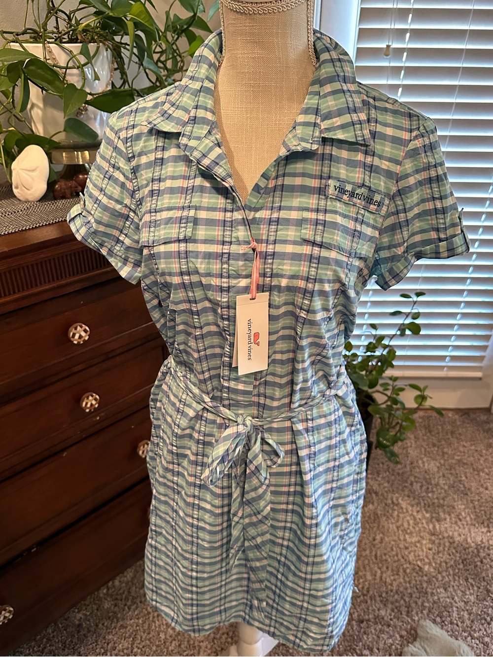 NWT Vineyard Vines Blue & Mint Plaid Short-Sleeve Dress